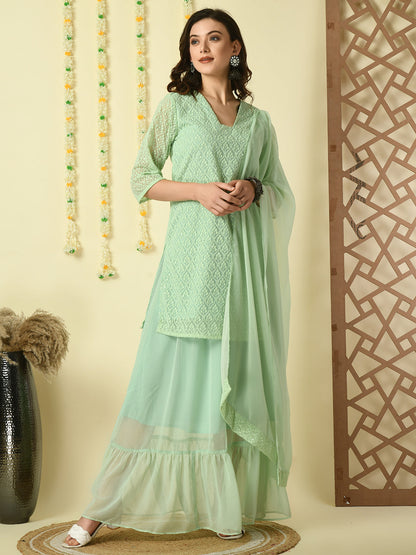 Women's Green  Georgette Kurti & Skirt With Dupatta Party Sets