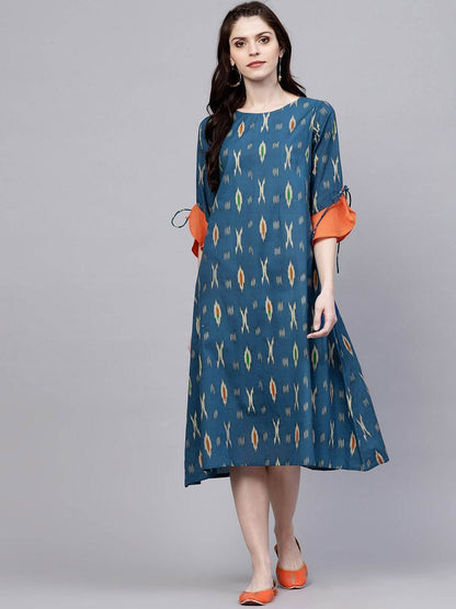 Women's  Navy Blue & Grey Printed A-Line Dress