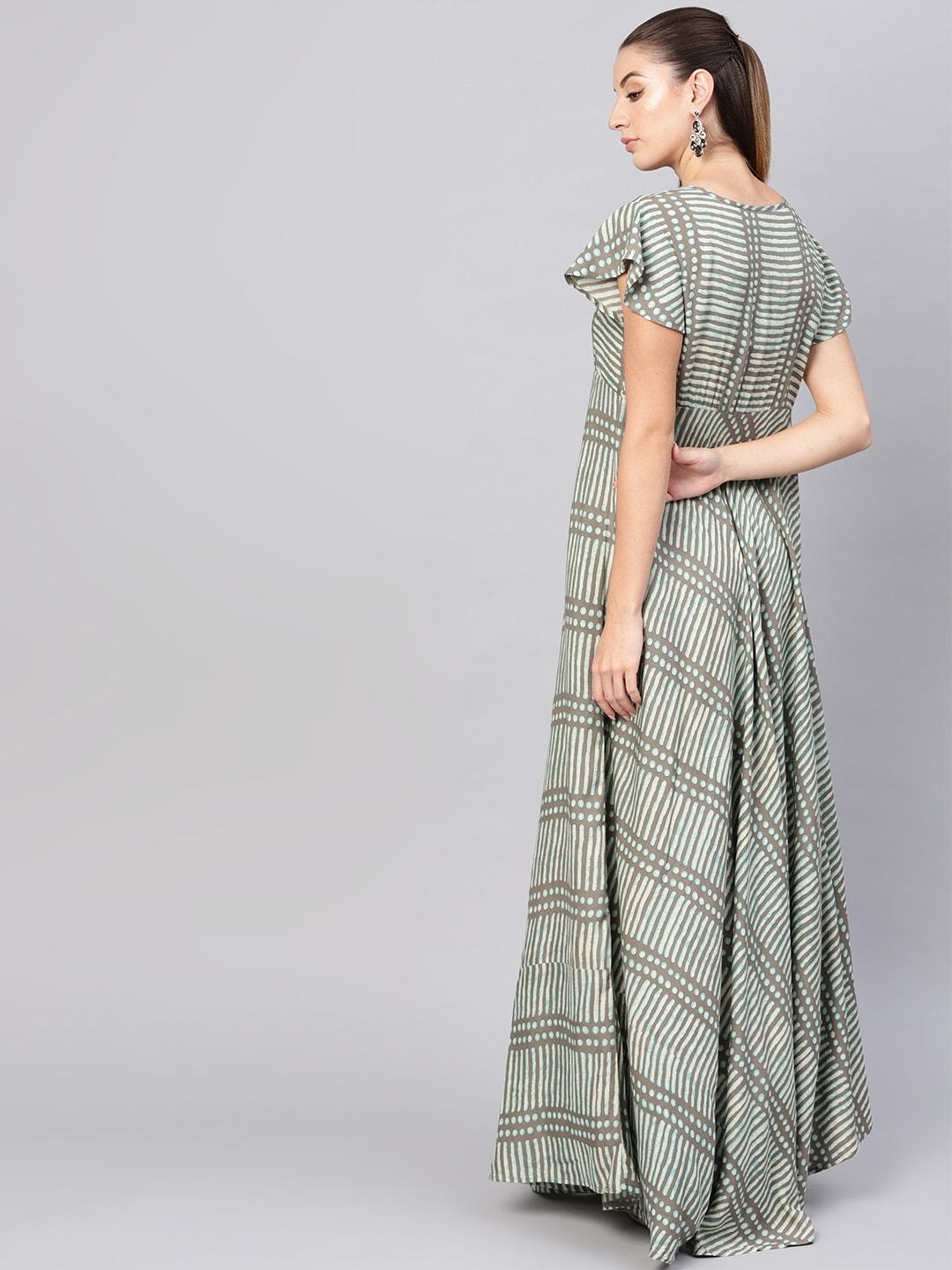 Women's  Taupe & Green Printed Maxi Dress