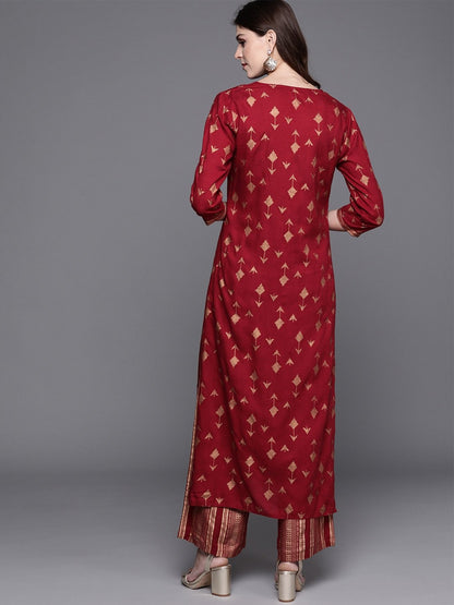 Women's  Maroon & Golden Printed Kurta with Palazzos