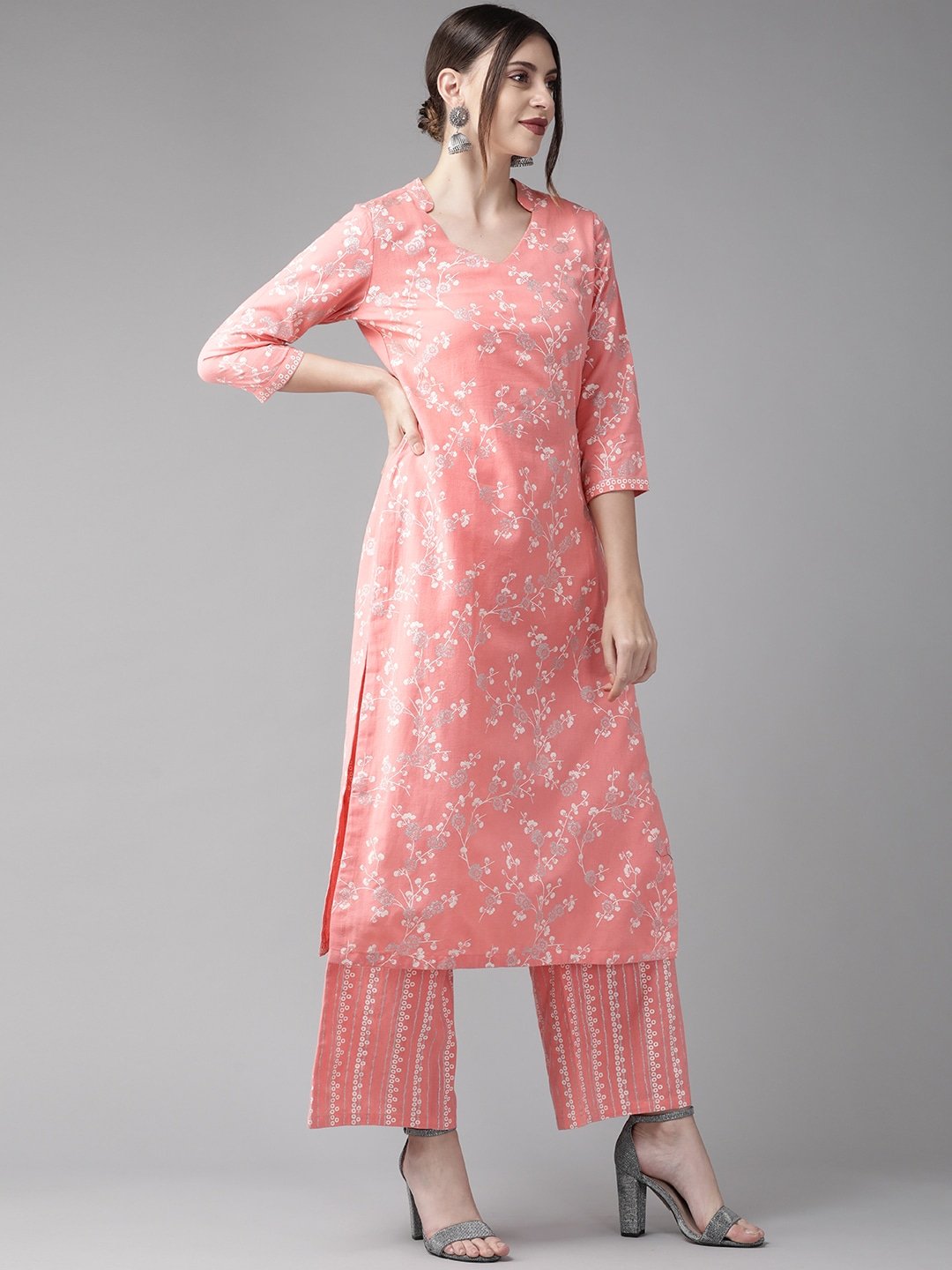 Women's  Pink & White Printed Kurta with Palazzos