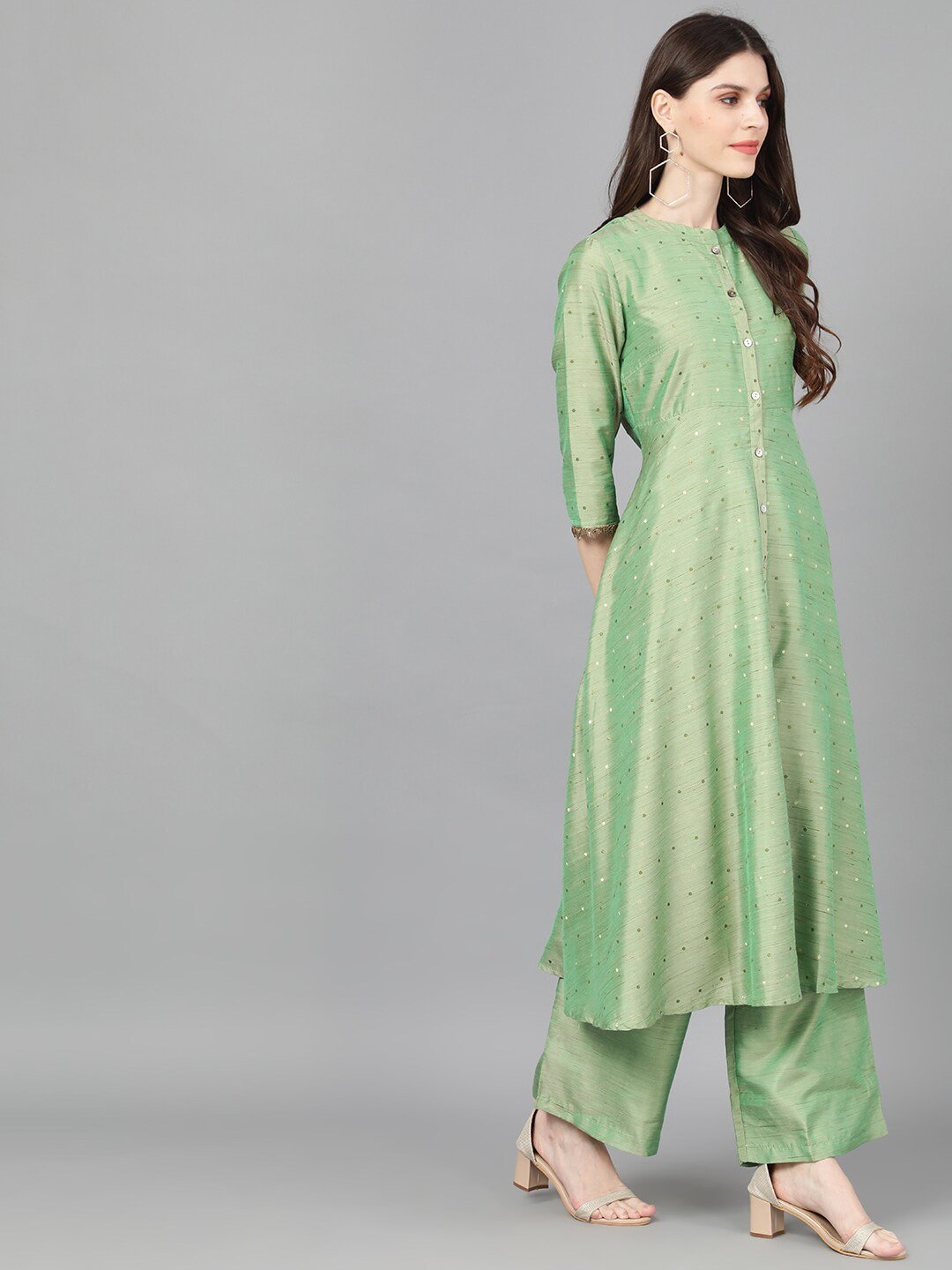 Women's  Green Woven Design A-Line Kurta