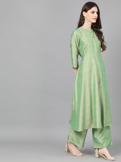 Women's  Green Woven Design A-Line Kurta