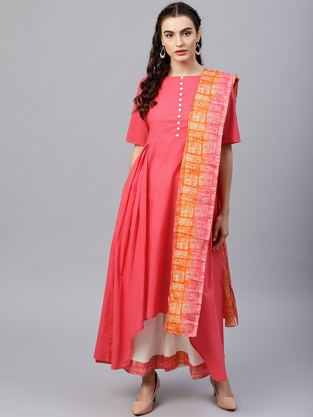 Women's Round Neck Pink Kurta With Palazzo And Multi Colored Dupatta