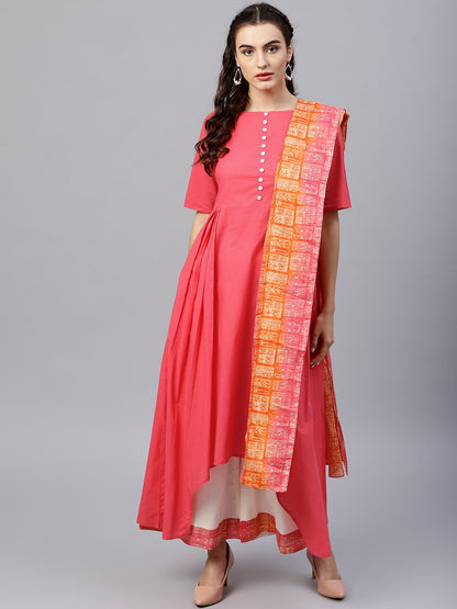 Women's Round Neck Pink Kurta With Palazzo And Multi Colored Dupatta