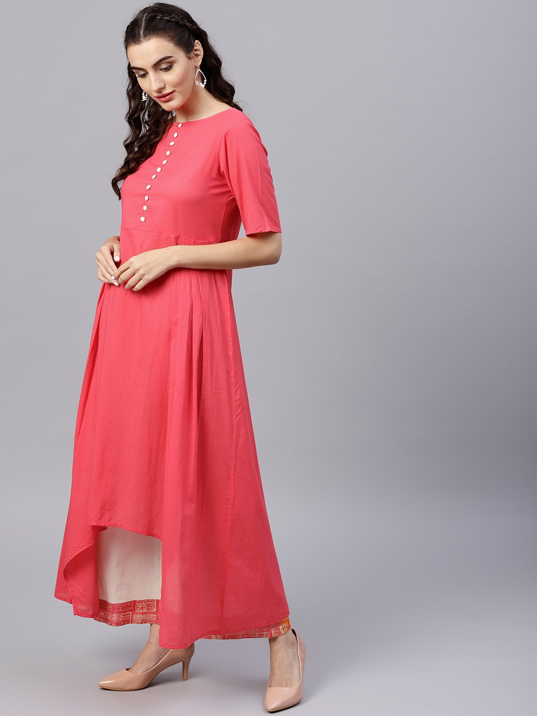 Women's Round Neck Pink Kurta With Palazzo And Multi Colored Dupatta