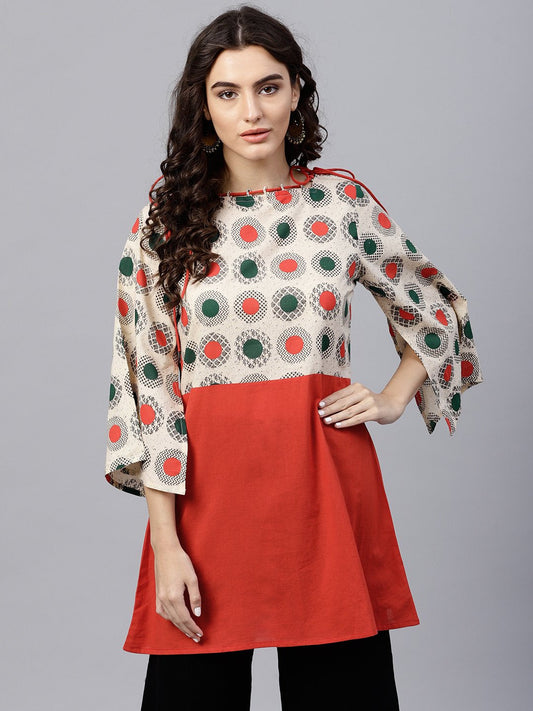 Women's Multi Colored Dress With Boat Neck And 3/4 Flared Sleeves