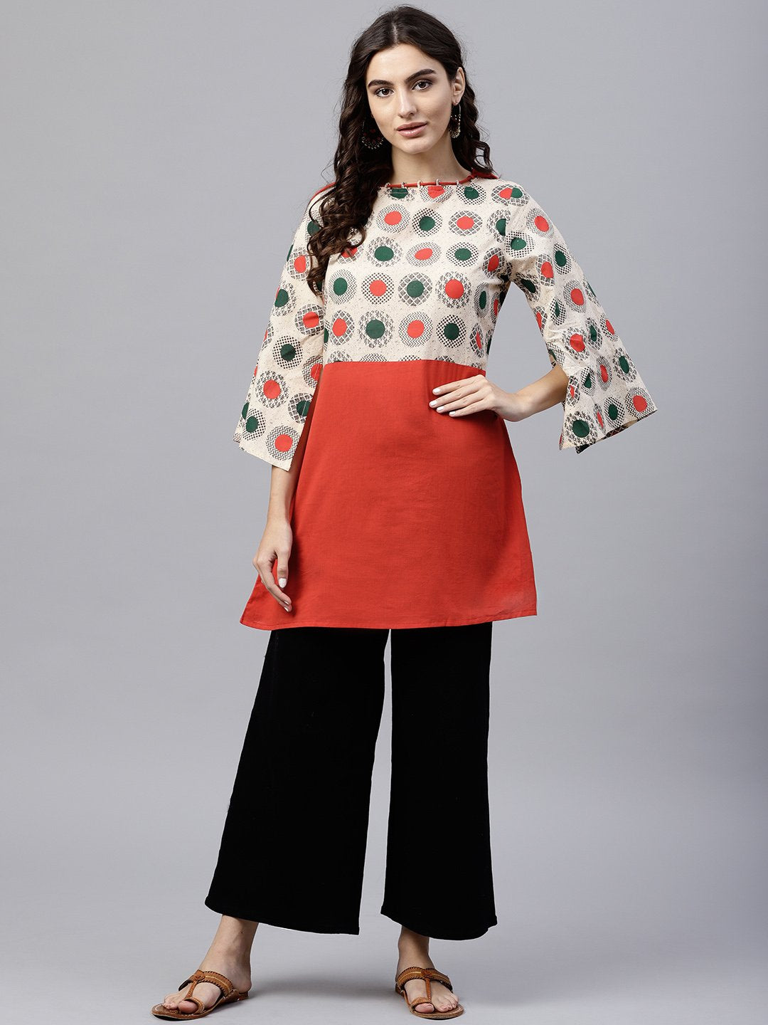Women's Multi Colored Dress With Boat Neck And 3/4 Flared Sleeves