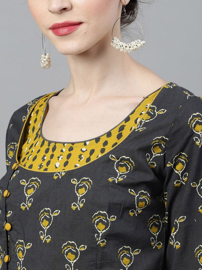 Women's  Mustard & Grey Dyed Anarkali Kurta