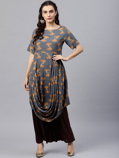 Women's Blue Printed A-Line Kurta With Round Neck And Half Sleeves