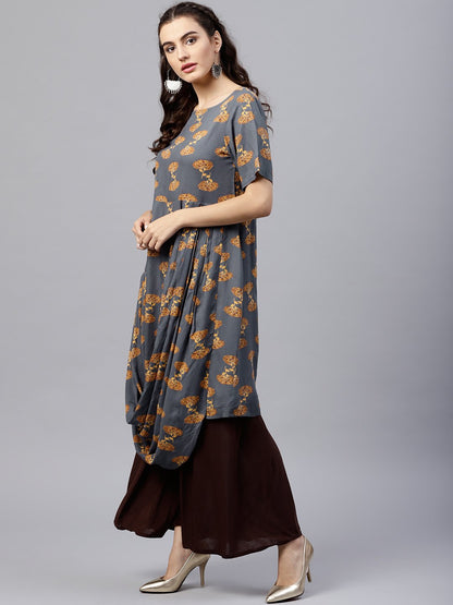 Women's Blue Printed A-Line Kurta With Round Neck And Half Sleeves