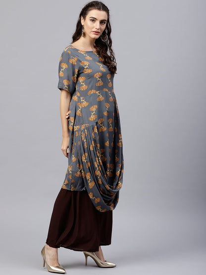 Women's Blue Printed A-Line Kurta With Round Neck And Half Sleeves
