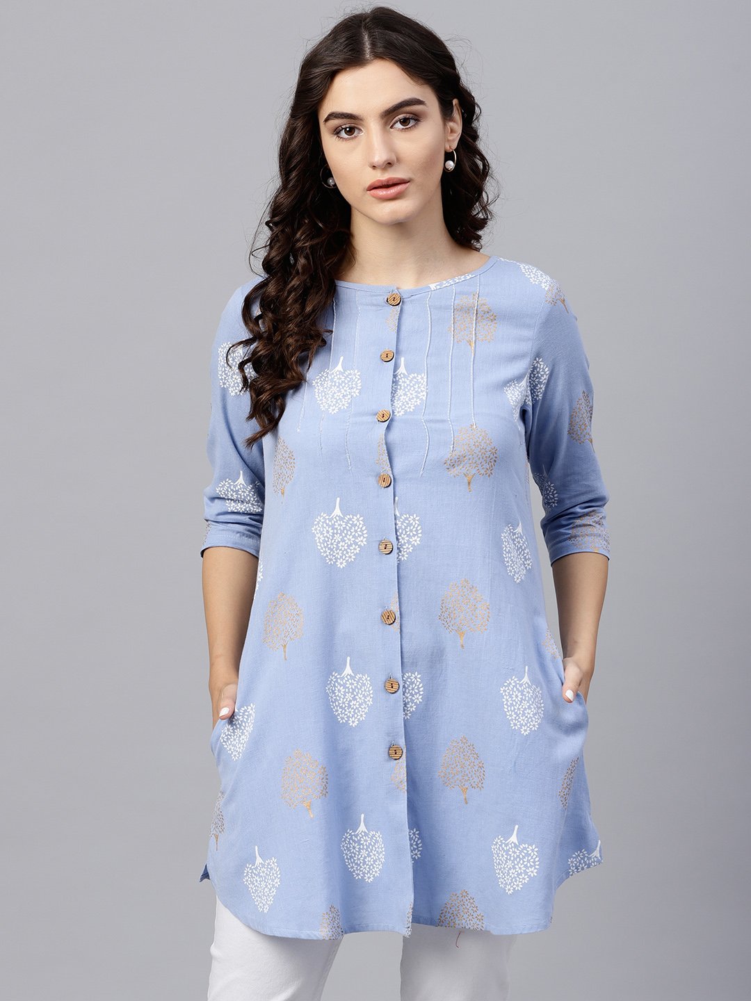 Women's Round Neck Light Blue Printed Tunic With Front Placket And 3/4 Sleeves