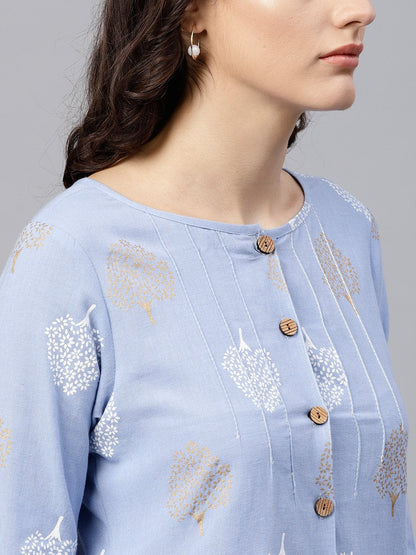 Women's Round Neck Light Blue Printed Tunic With Front Placket And 3/4 Sleeves