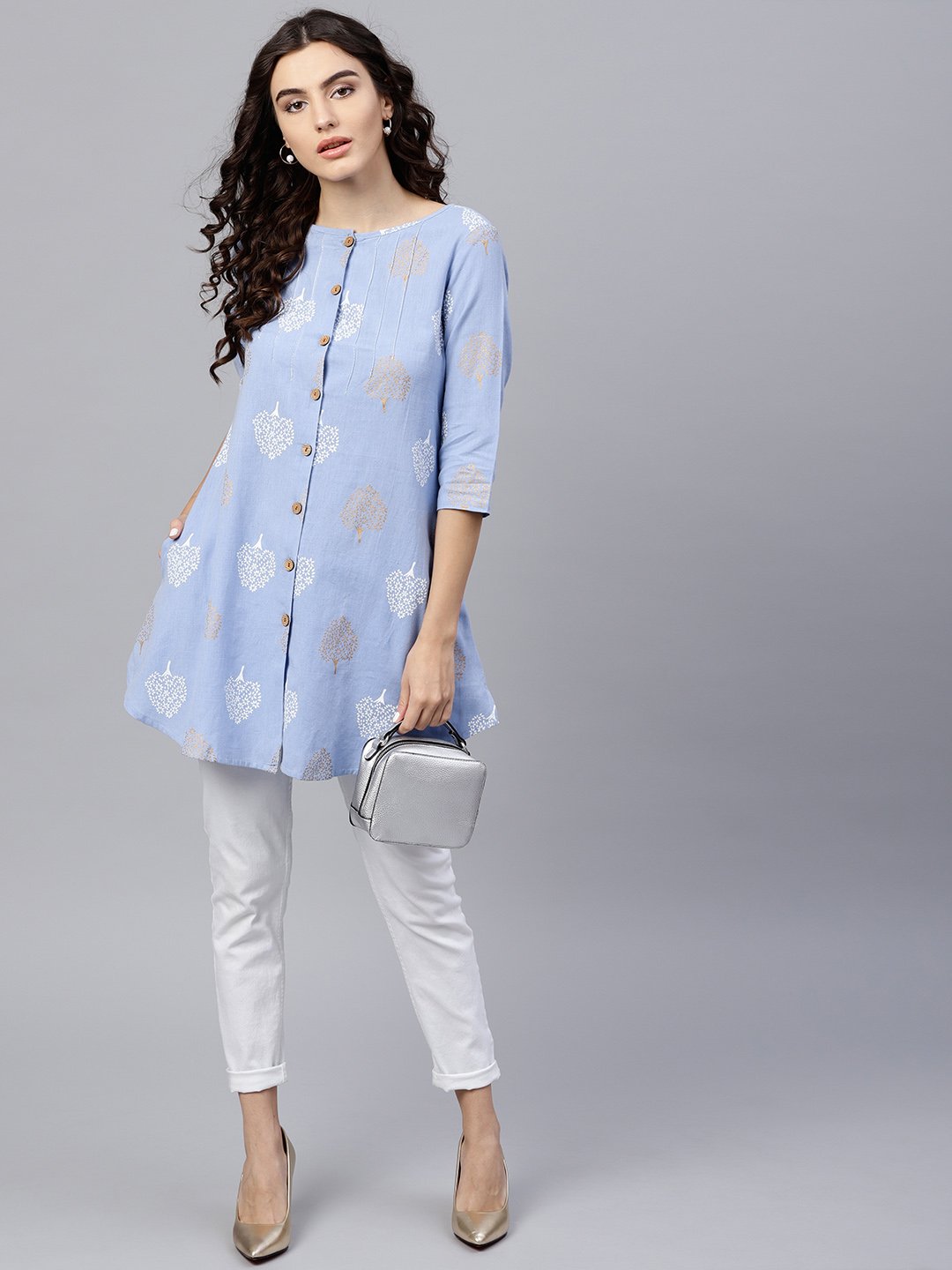 Women's Round Neck Light Blue Printed Tunic With Front Placket And 3/4 Sleeves
