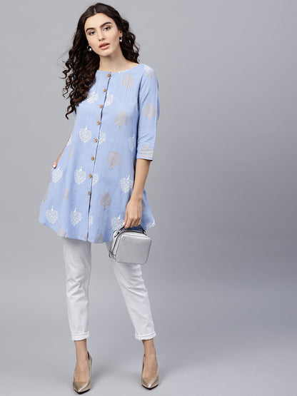 Women's Round Neck Light Blue Printed Tunic With Front Placket And 3/4 Sleeves