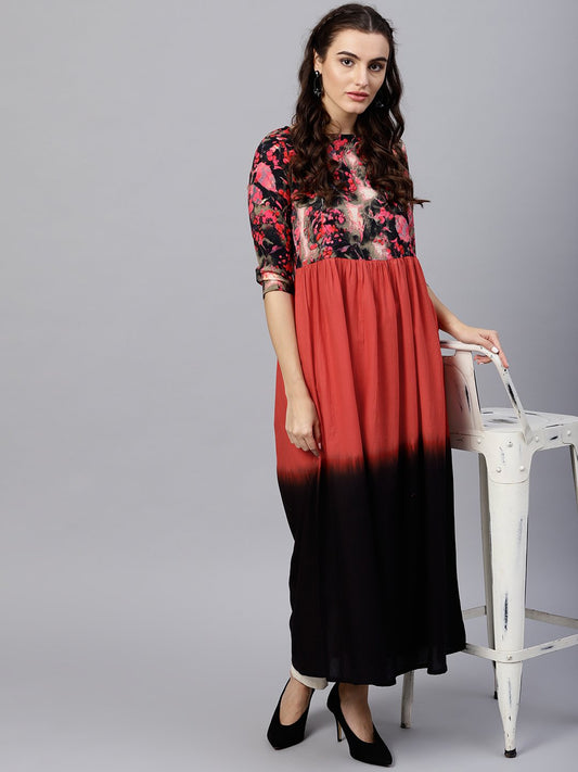 Women's Multi Colored Maxi Kurta With Round Neck And 3/4 Sleeves