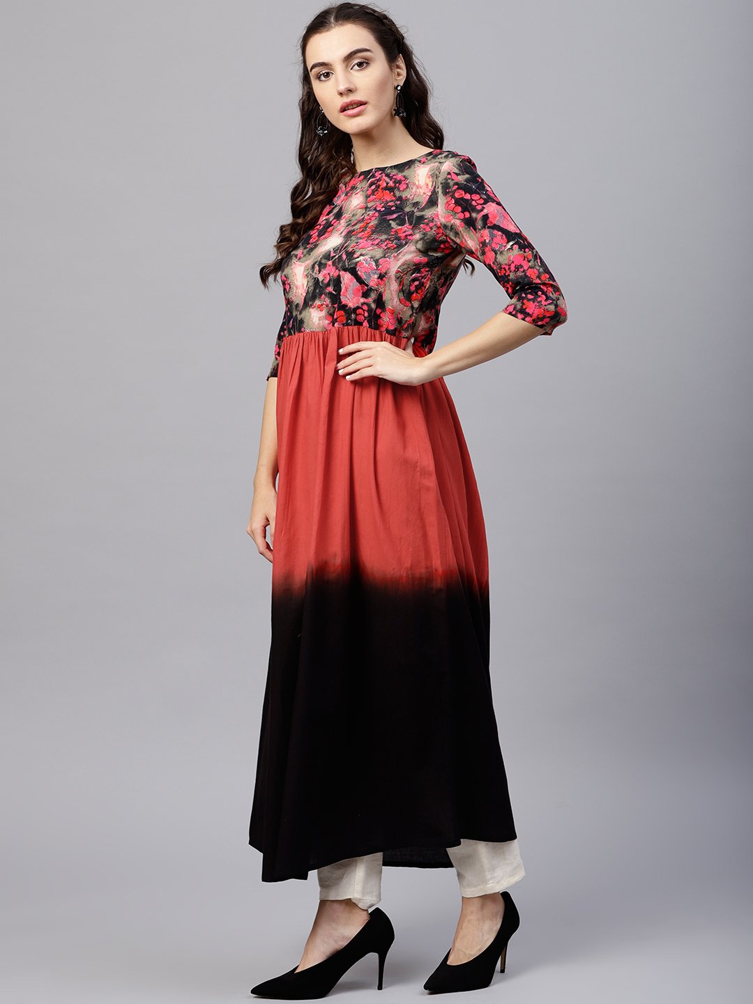 Women's Multi Colored Maxi Kurta With Round Neck And 3/4 Sleeves