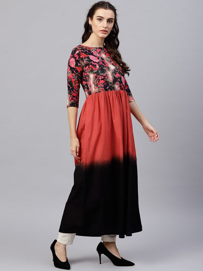 Women's Multi Colored Maxi Kurta With Round Neck And 3/4 Sleeves