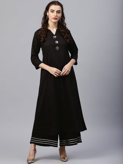 Women's Black Round Neck Kurta With Frond Emblishment And Palazzo