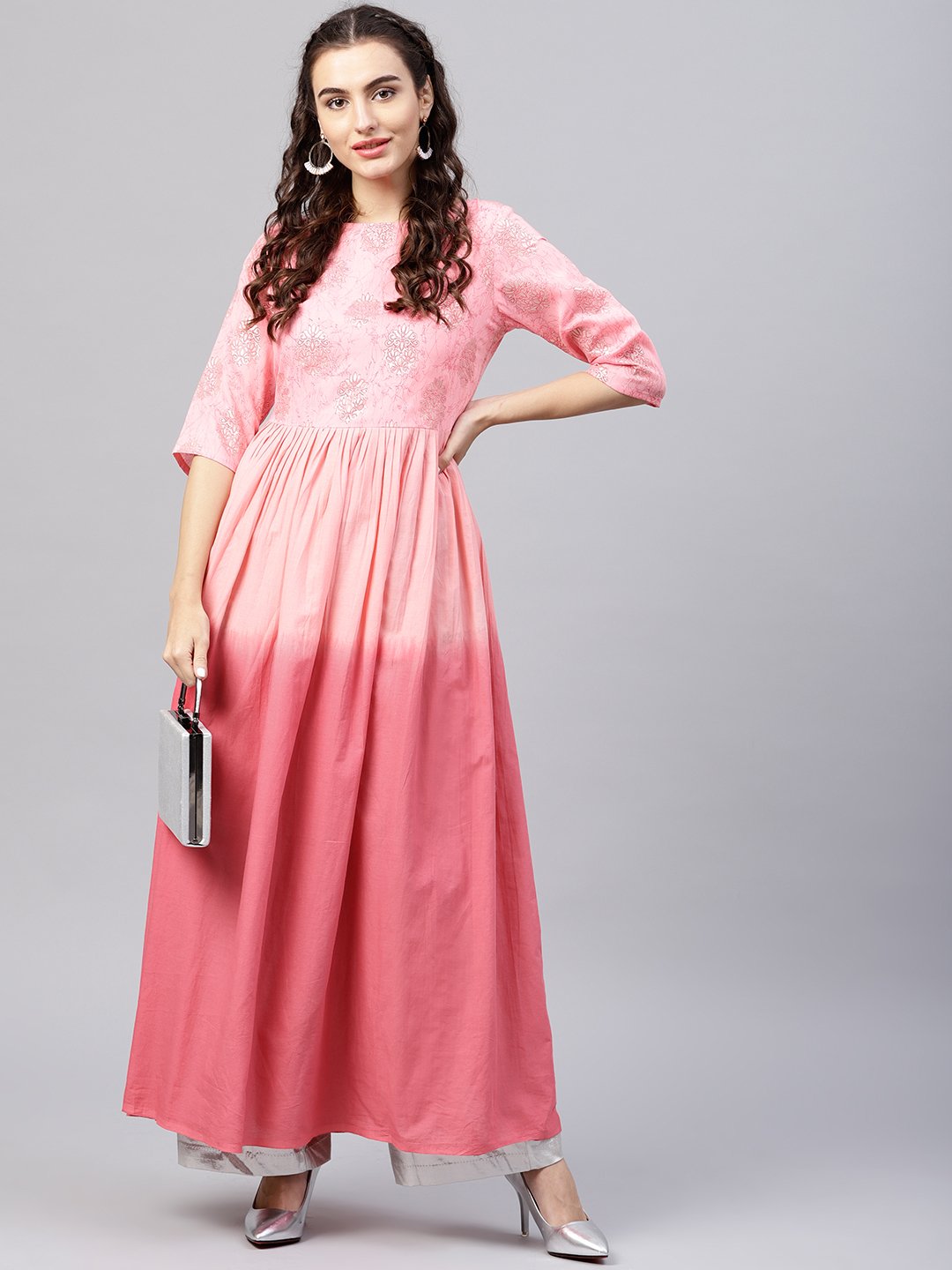 Women's Pink Ombre Maxi Kurta With Round Neck  And 3/4 Sleeves