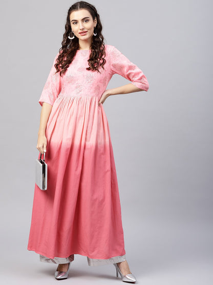 Women's Pink Ombre Maxi Kurta With Round Neck  And 3/4 Sleeves