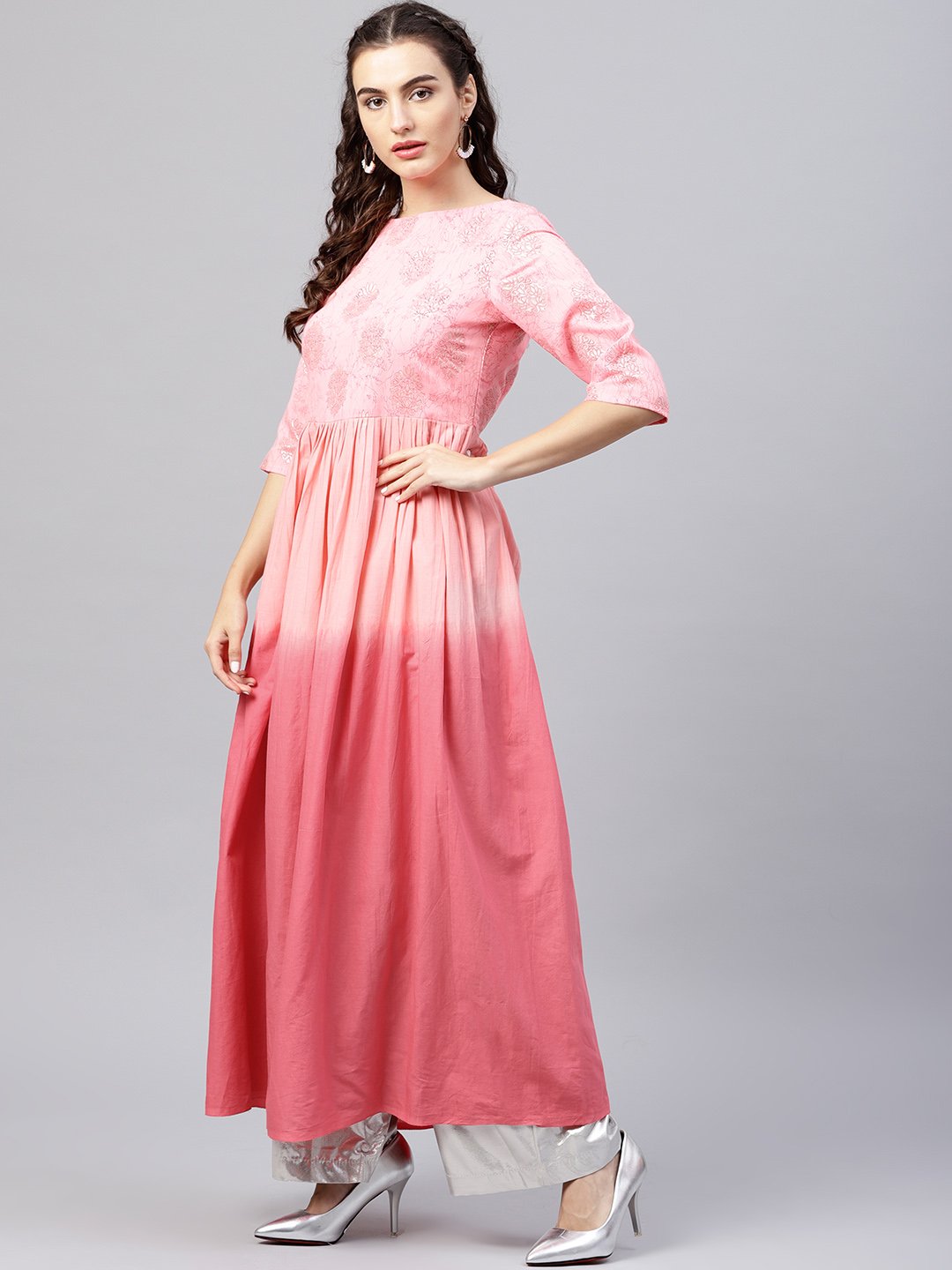 Women's Pink Ombre Maxi Kurta With Round Neck  And 3/4 Sleeves
