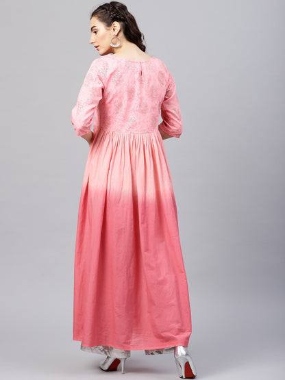 Women's Pink Ombre Maxi Kurta With Round Neck  And 3/4 Sleeves