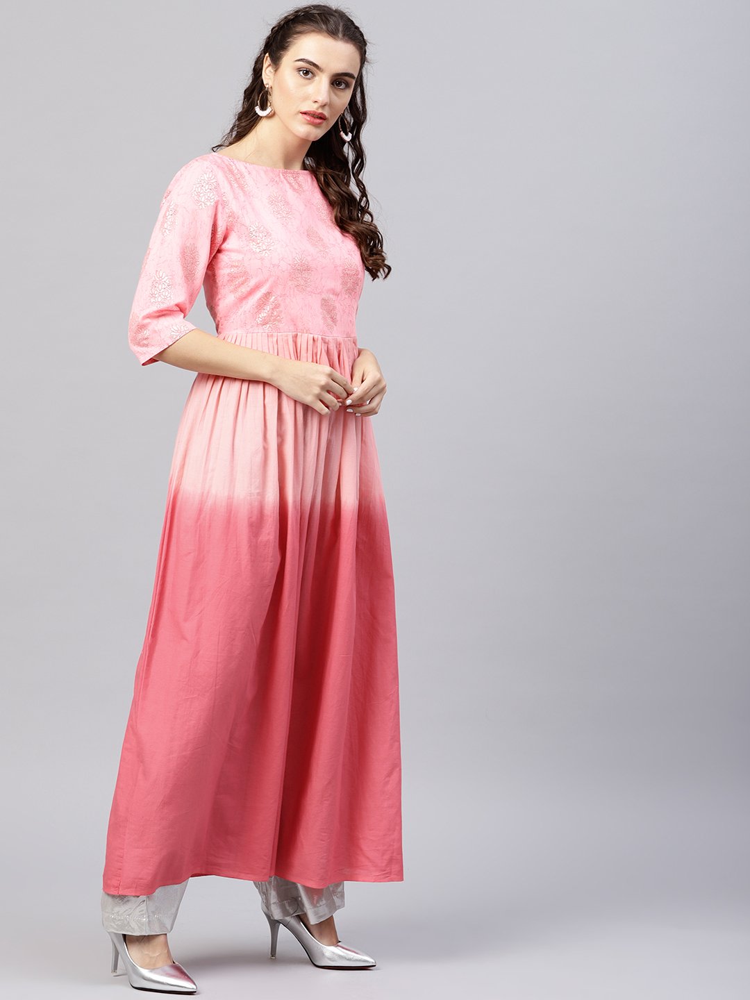 Women's Pink Ombre Maxi Kurta With Round Neck  And 3/4 Sleeves