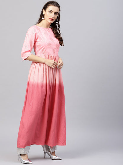 Women's Pink Ombre Maxi Kurta With Round Neck  And 3/4 Sleeves