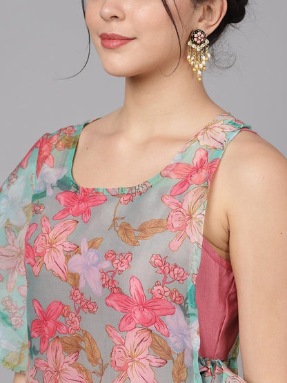Women's  Pink Floral Print Layered Maxi Dress