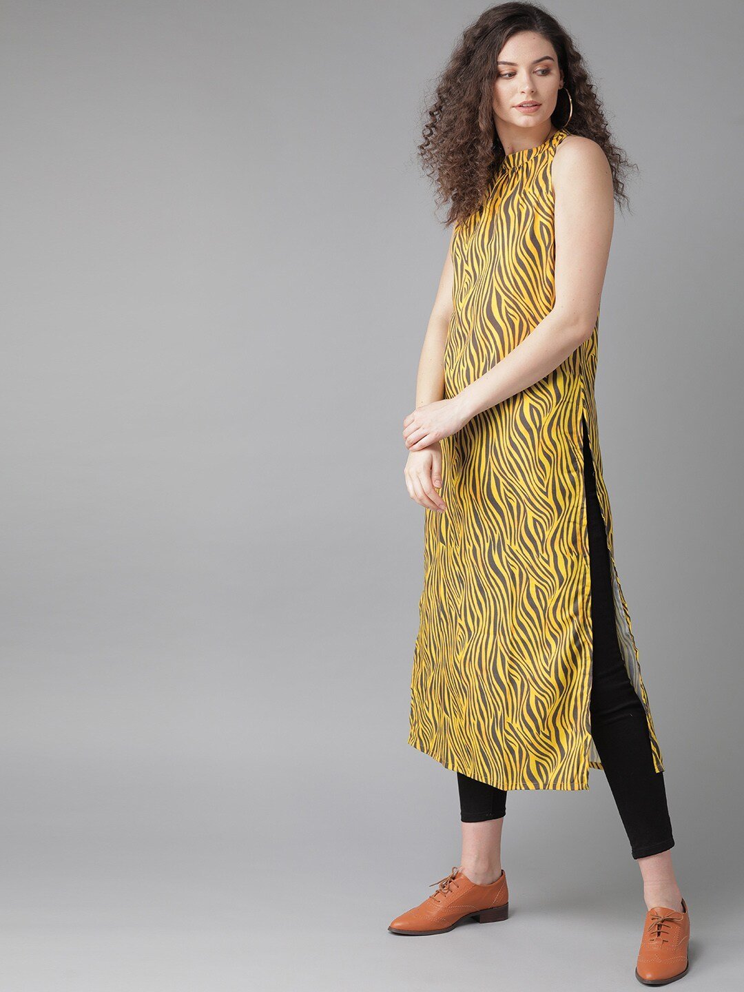 Women's  Yellow & Charcoal Grey Zebra Print Straight Kurta