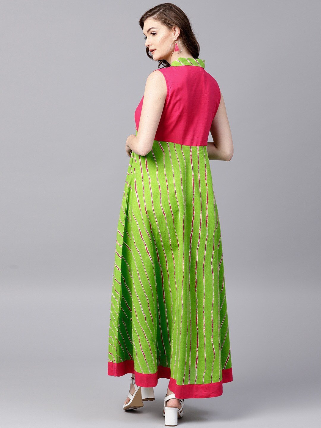 Women's  Green & Pink Striped Maxi Dress
