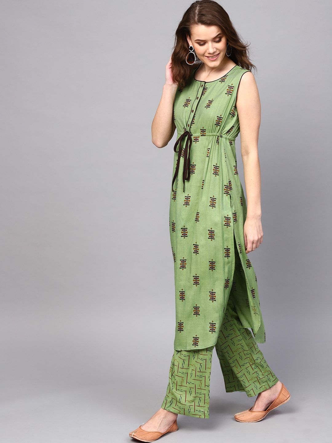 Women's  Green & Brown Printed Kurta with Palazzos