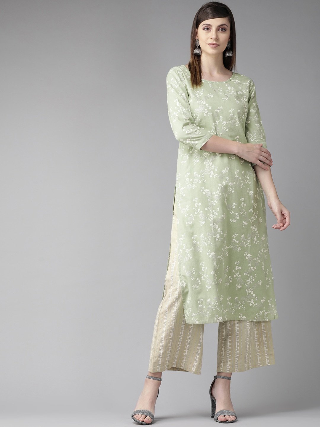 Women's  Green & White Floral Printed Straight Kurta