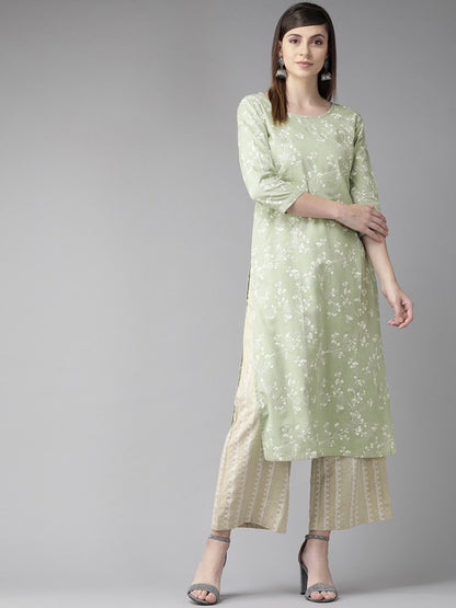 Women's  Green & White Floral Printed Straight Kurta