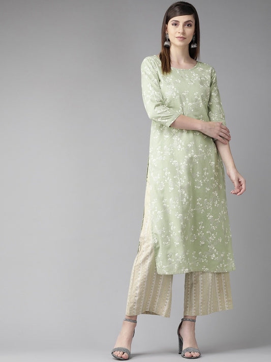 Women's  Green & White Floral Printed Straight Kurta