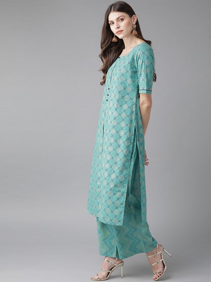 Women's  Blue & Golden Bandhani Printed Kurta with Palazzos