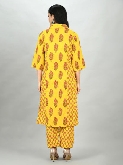Women's Yellow Cotton Printed 3/4 Sleeve Shirt Coller Casual Kurta Pant Set