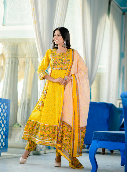 Women's Yellow Handblock Dupatta Set