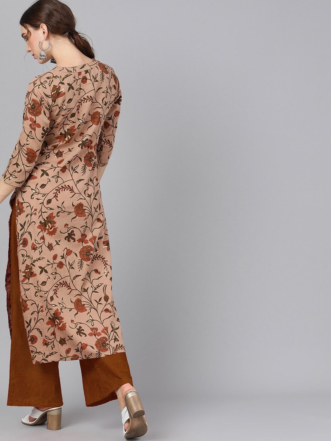 Women's  Brown & Red Floral Printed Straight Kurta