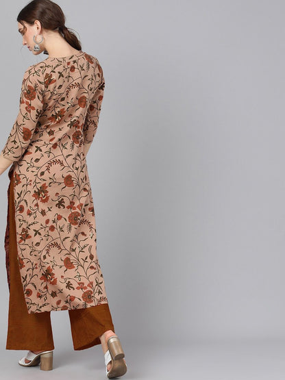 Women's  Brown & Red Floral Printed Straight Kurta