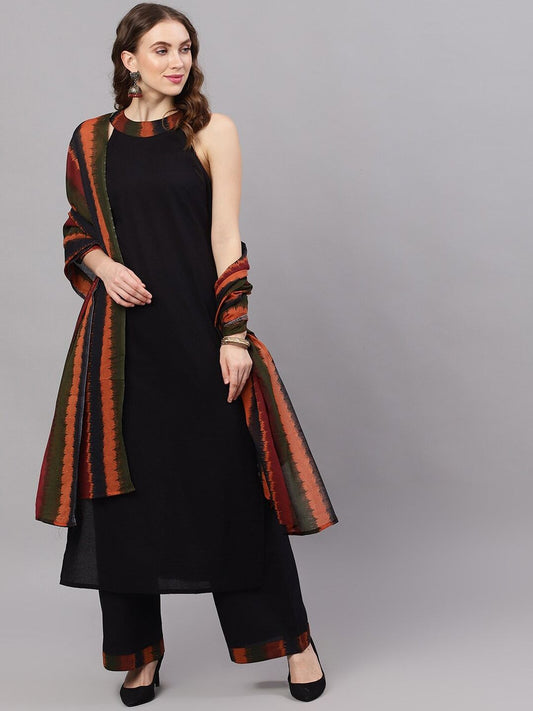 Women's  Black & Orange Colourblocked Kurta with Sharara & Dupatta