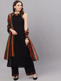 Women's  Black & Orange Colourblocked Kurta with Sharara & Dupatta