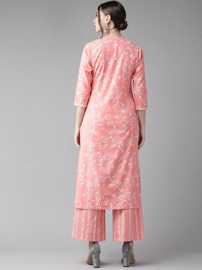 Women's  Pink & White Printed Kurta with Palazzos
