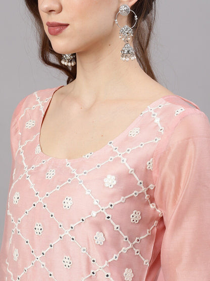 Women's  Peach-Coloured & White Embroidered Straight Kurta