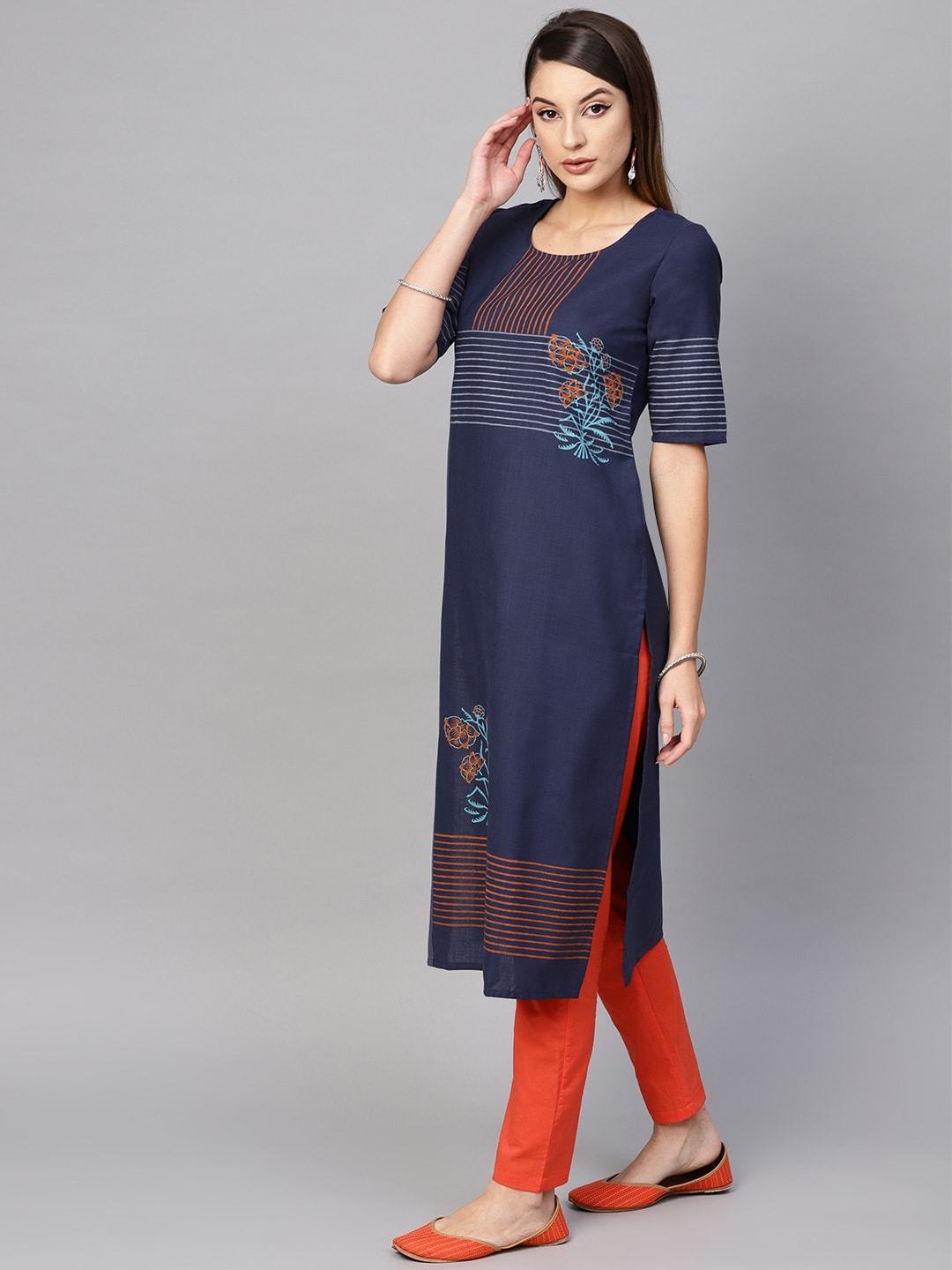 Women's  Navy Blue & Orange Block Print Straight Kurta