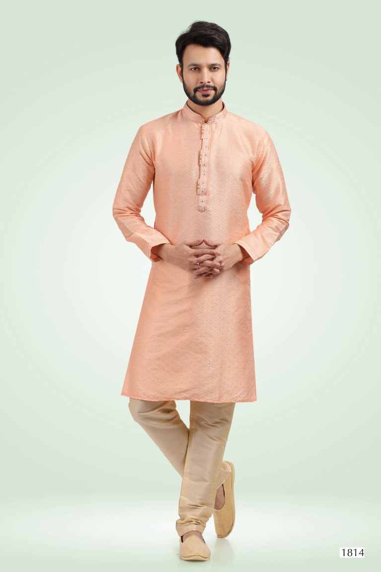 Men's Jacquard Banarasi Silk Pintux Work Kurta Pyjama In Peach Color