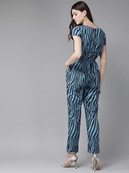 Women's  Blue & Black Animal Print Basic Jumpsuit