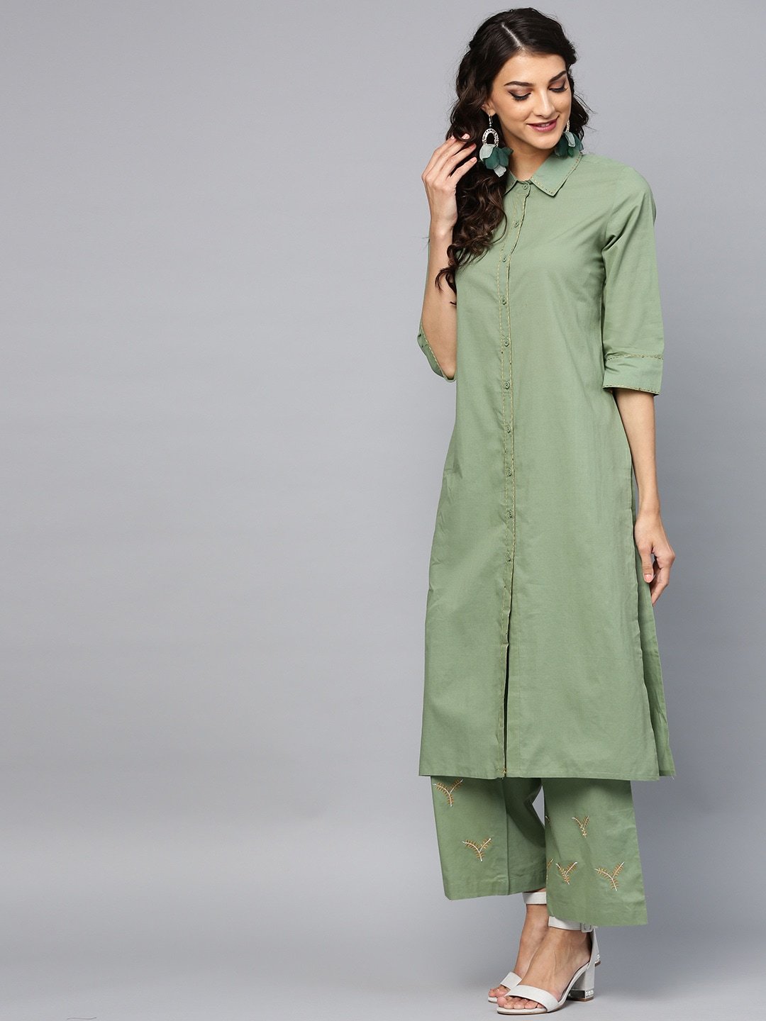 Women's  Green Solid Kurta with Palazzos & Dupatta